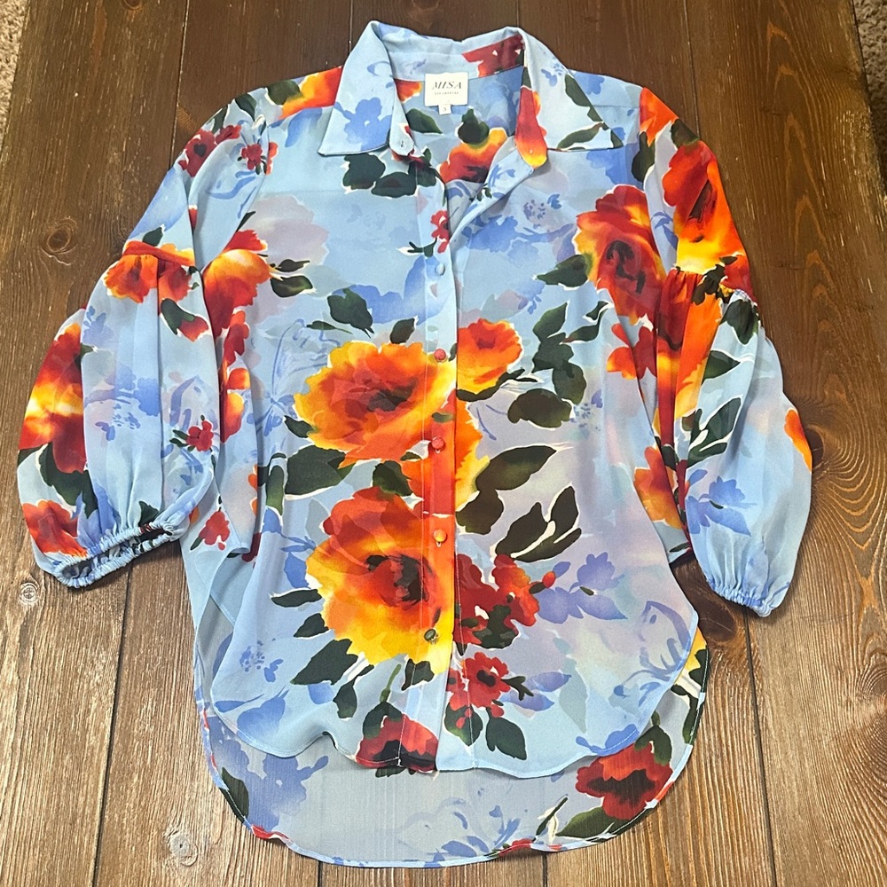 MISA Los Angeles Sheer Floral Button-Up Blouse